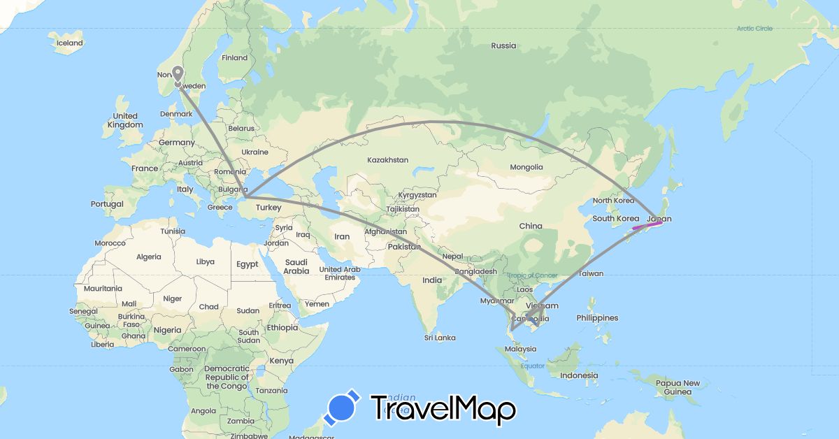 TravelMap itinerary: plane, cycling, train, boat in Japan, Cambodia, Norway, Thailand, Turkey, Vietnam (Asia, Europe)
