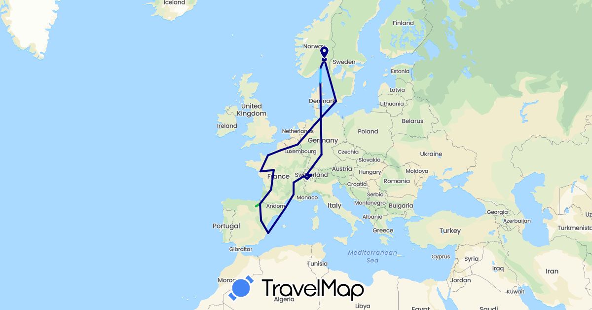 TravelMap itinerary: driving, bus, hiking, boat in Belgium, Switzerland, Germany, Denmark, Spain, France, Norway, Sweden (Europe)